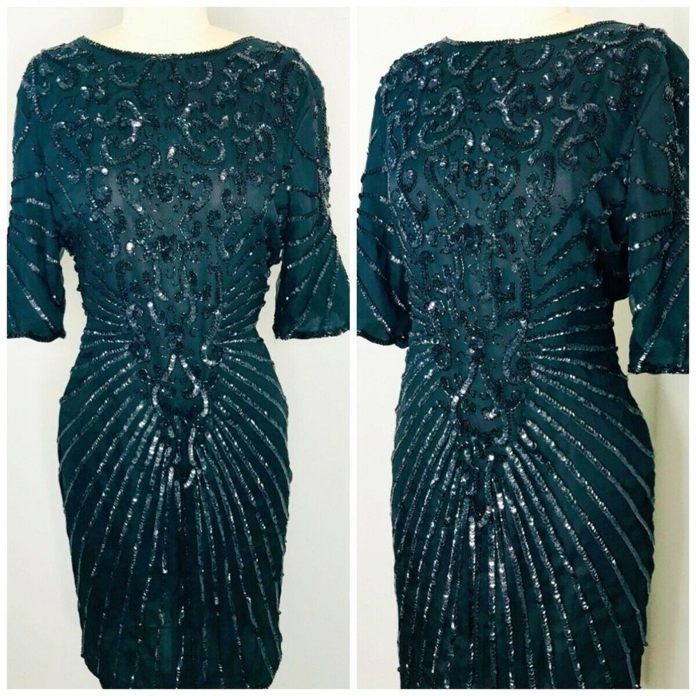 Vintage 90s Black Sequin Prom Dress Sz M Medium Glam Goth Cocktail Embellished